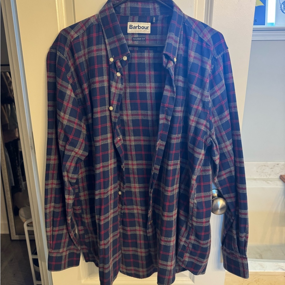 Barbour Men's Casual Button Down Shirt - Blue and Red Plaid Flannel